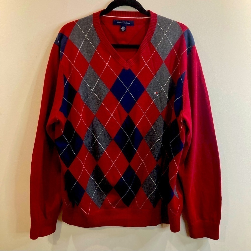 TOMMY HILFIGER SZ L Argyle  100% Cotton Preppy Academia Style Sweater